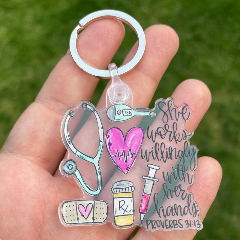 Acrylic Keychain | She Works Willingly Proverbs Nurse Doctor Medical | NiftyTransfers