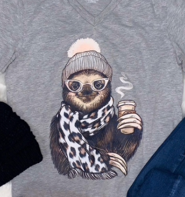 Coffee Sloth Short Sleeve V-Neck Screenprinted Tee