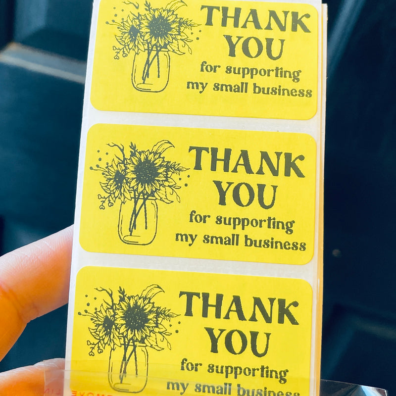 Set of 25 Thermal Printed Stickers: Sunflower Thank You (yellow) 1.25" x 2.25"