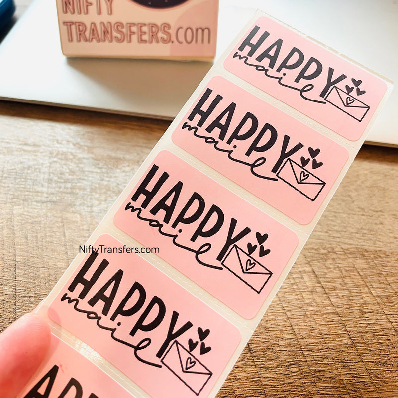 Set of 25 Thermal Printed Stickers: HAPPY MAIL (pink) 1.25" x 2.25"