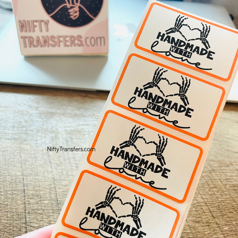 Set of 25 Thermal Printed Stickers: Handmade with Love (orange outline) 1.25" x 2.25"