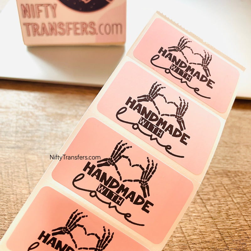 Set of 25 Thermal Printed Stickers: HANDMADE WITH LOVE skeleton hands (pink) 1.25" x 2.25"