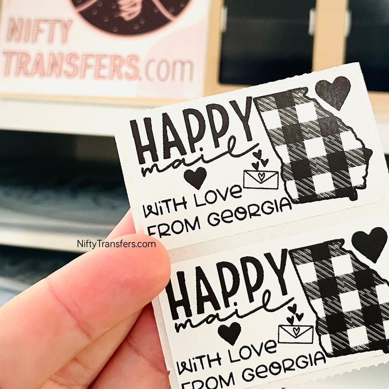 Set of 25 Thermal Printed Stickers: Happy Mail from GEORGIA 1.25" x 2.25"