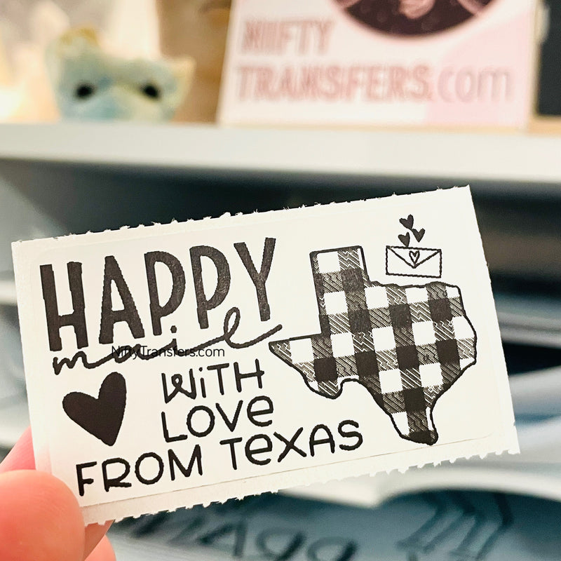 Set of 25 Thermal Printed Stickers: Happy Mail from TEXAS 1.25" x 2.25"