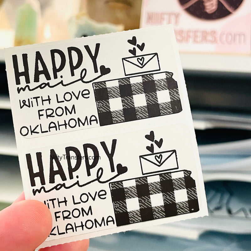 Set of 25 Thermal Printed Stickers: Happy Mail from OKLAHOMA 1.25" x 2.25"