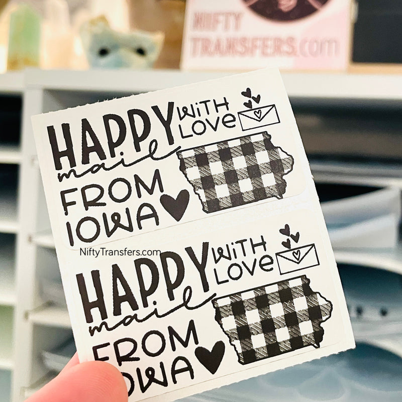 Set of 25 Thermal Printed Stickers: Happy Mail from IOWA 1.25" x 2.25"