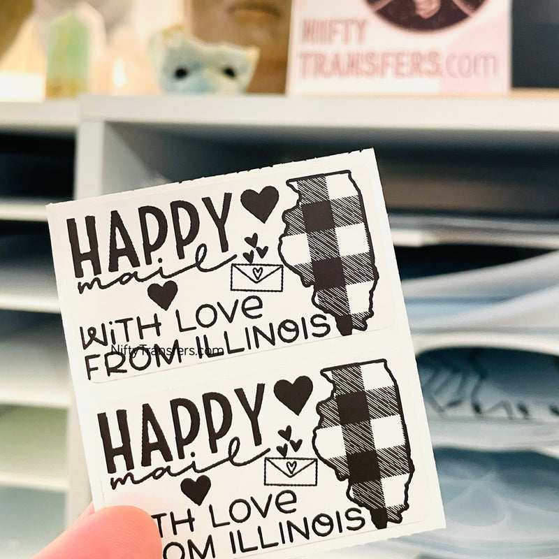 Set of 25 Thermal Printed Stickers: Happy Mail from ILLINOIS 1.25" x 2.25"