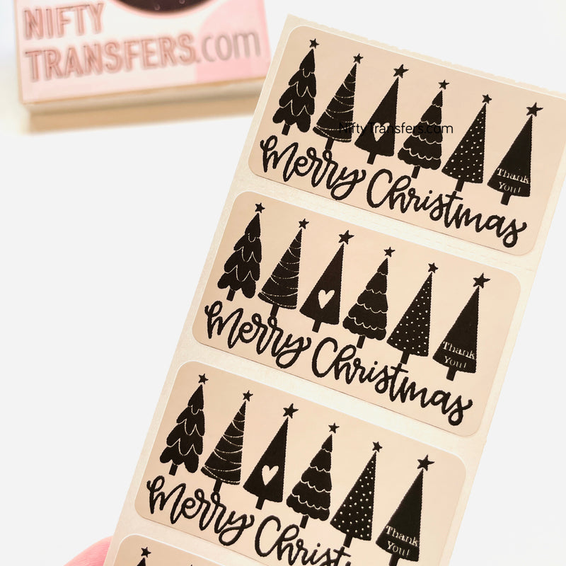 Set of 25 Thermal Printed Stickers: Merry Christmas row of trees 1.25" x 2.25"