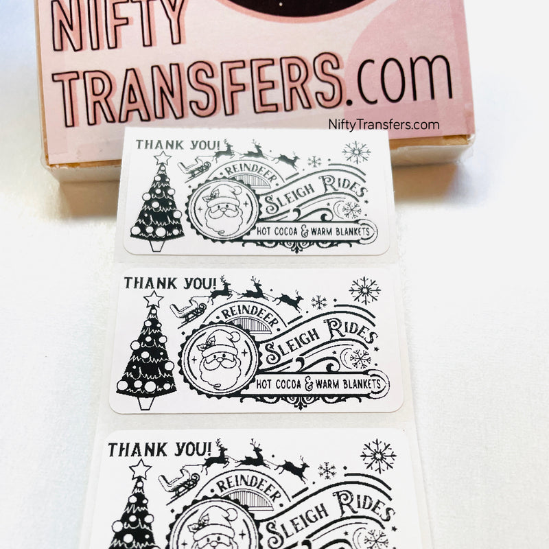 Set of 25 Thermal Printed Stickers: Santa Reindeer Sleigh Rides Thank You 1.25" x 2.25"