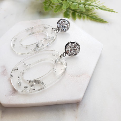 Crystal Clear Silver Flake Handmade Druzy Statement Earrings