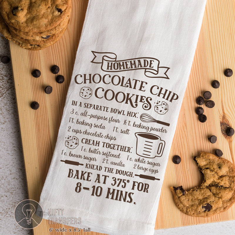Screenprint Transfer: 6" wide x 8.5" tall Chocolate Chip Cookies Recipe
