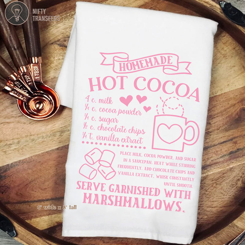 Screenprint Transfer: 6" wide x 8" tall Hot Cocoa Recipe (pink)