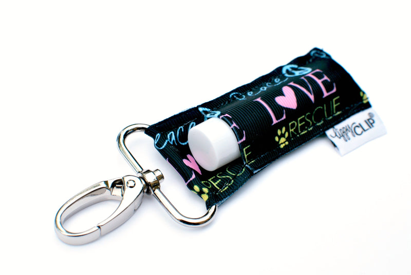 LippyClip: PEACE LOVE RESCUE • Clip On Lip Balm Holder • Stocking Stuffer • Backpack Accessories • Keychain Clip-On (4745396813898)