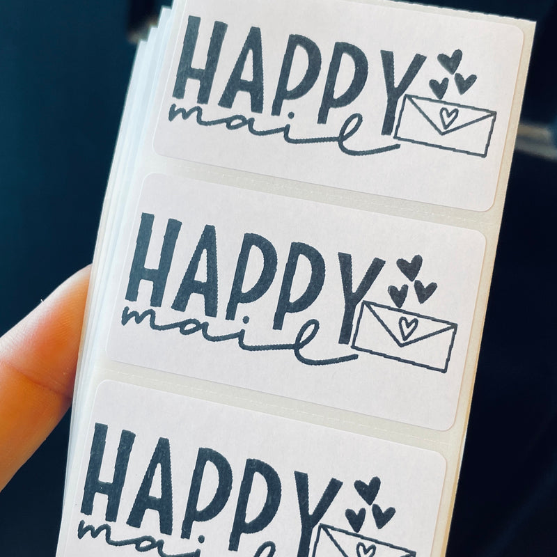 Set of 25 Thermal Printed Stickers: HAPPY MAIL (white) 1.25" x 2.25"